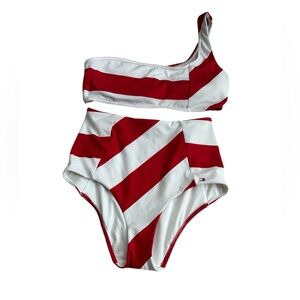 Tommy Hilfiger Striped Red and White Size XS One Shoulder Bikini